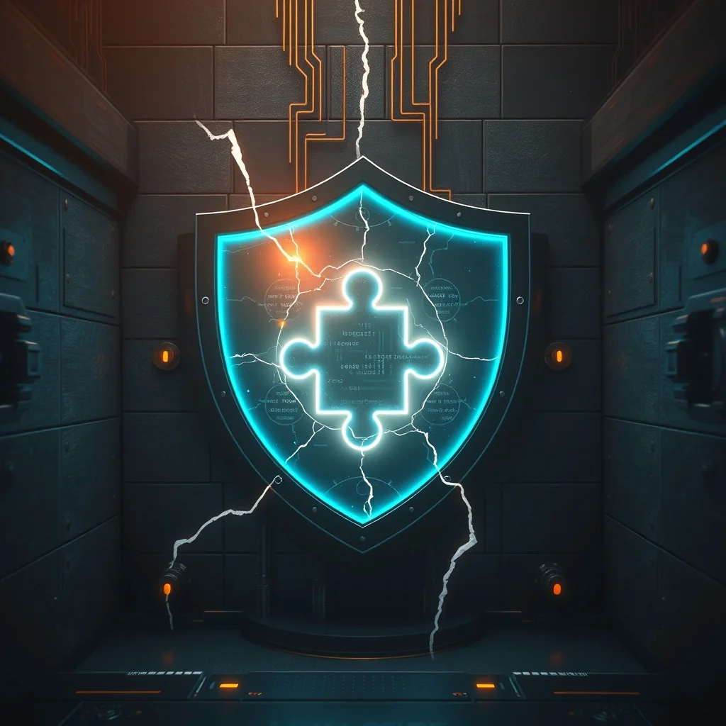 Editorial illustration: Broken digital shield reinforced with open-source blocks as the foundation of AI security