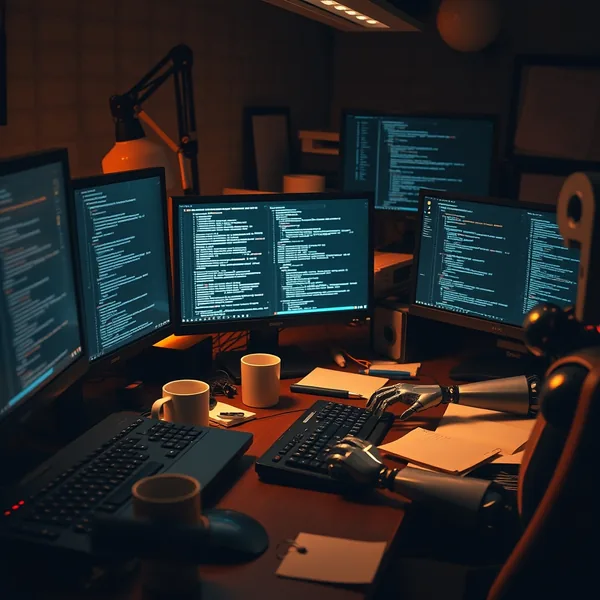 Editorial illustration: orkestrirani razvojni pipeline s više AI agenata koji povezuju planiranje, kodiranje, testiranje i deployment