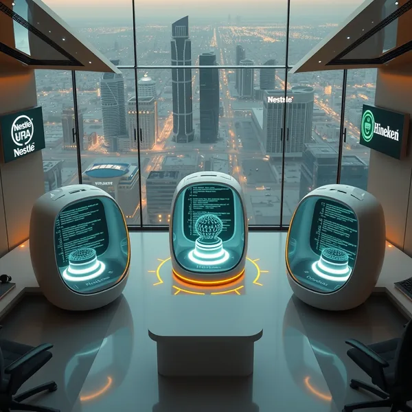 Editorial illustration: consulting pod with 6 members — humans and AI agents together in a workspace.