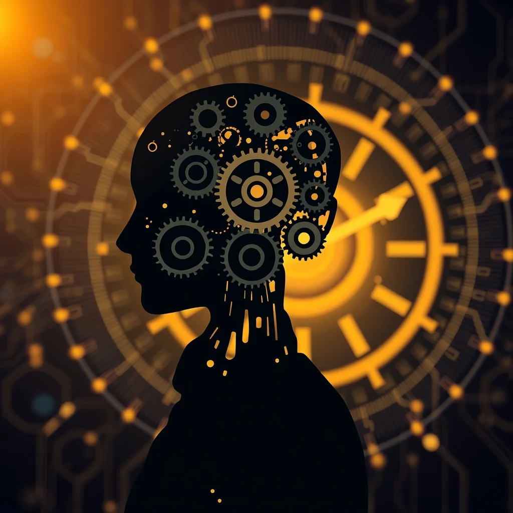 Editorial illustration: robot agent with layered memory cache diagram, circuit background, no text or faces