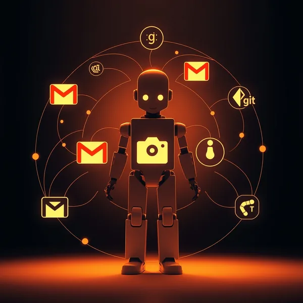 Editorial illustration: a robot assembling a wiki from Markdown leaves pulled from email, notes and repositories