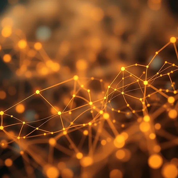 Editorial illustration: graph with nodes and paths, a long horizon fading into the distance