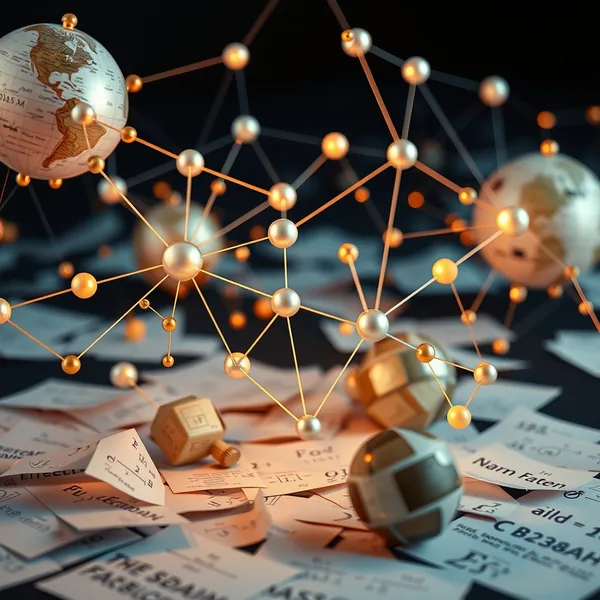 Editorial illustration: Connected nodes with mathematical symbols and globe fragments from 47 countries