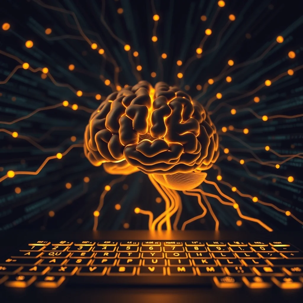 에디토리얼 일러스트: Brain2Qwerty v2 — 수술적 임플란트 없이 61% 정확도로 생각을 텍스트로 비침습적 해독, 텍스트 및 얼굴 없음