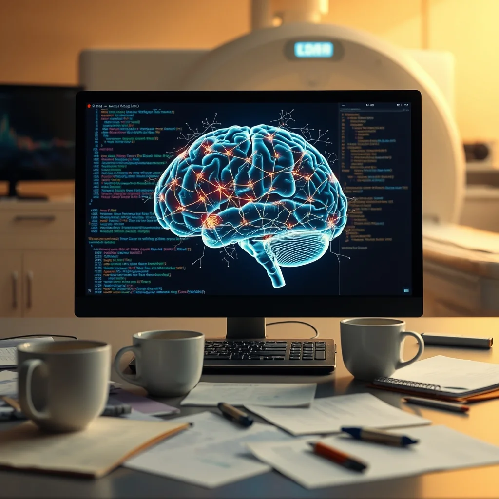 Editorial illustration: AI neural network overlaid on abstract brain scan imagery showing highlighted cortical regions
