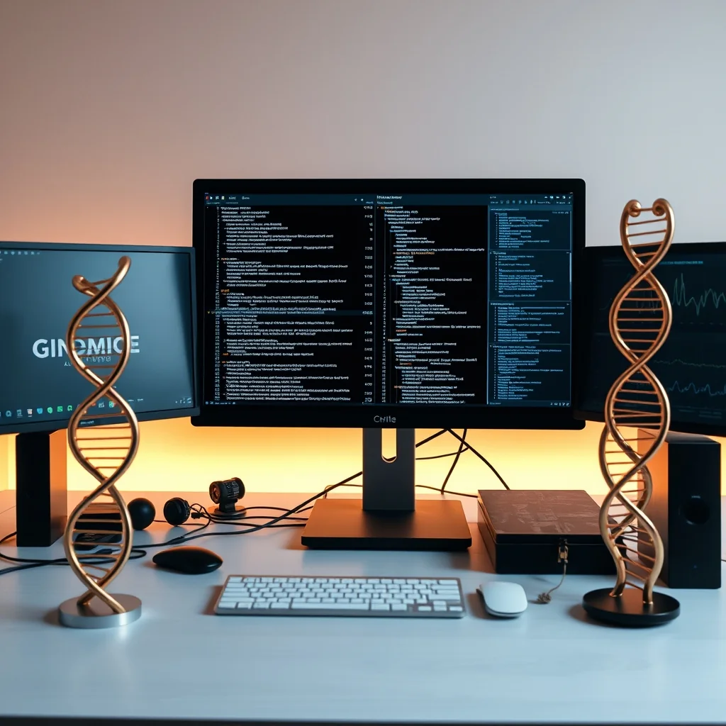 Redaktionelle Illustration: genomische Datenpipeline mit DNA-Helix und medizinischen Diagrammen auf dunklem Hintergrund, keine Gesichter