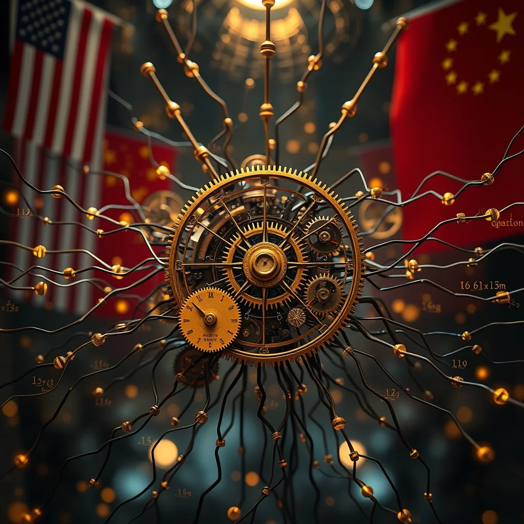 Editorial illustration: vaga koja uspoređuje AI modele iznad geopolitičke karte