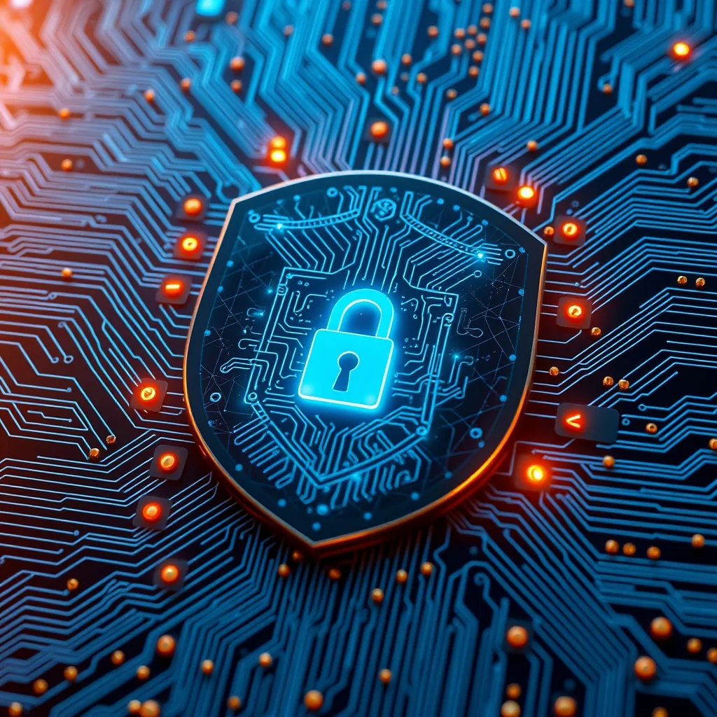Editorial illustration: shield and continuous data flow graph representing AI security monitoring framework