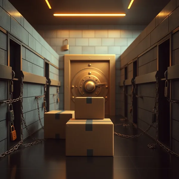Editorial illustration: npm package in a staging compartment with a key and security filter