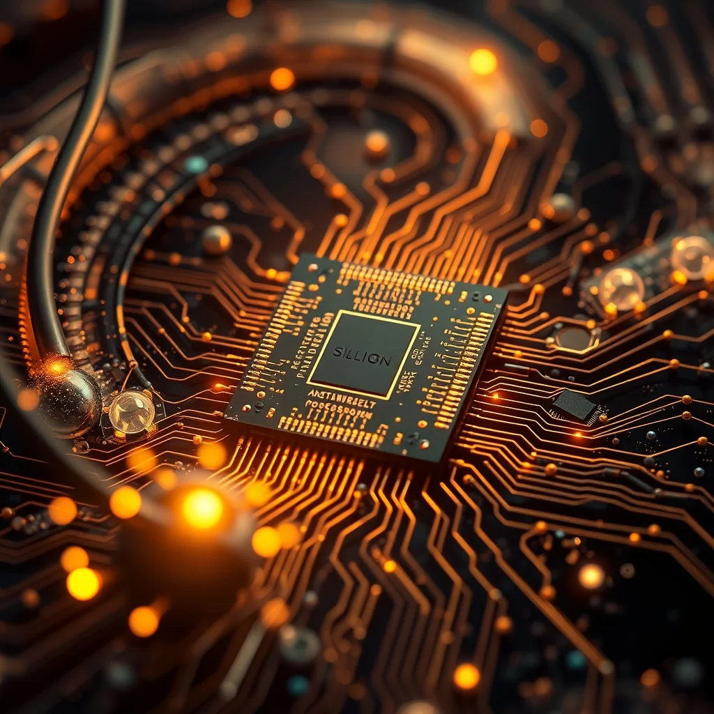 Editorial illustration: NVIDIA GPU supercomputing hardware powering scientific data visualization with astronomical and molecular graphics
