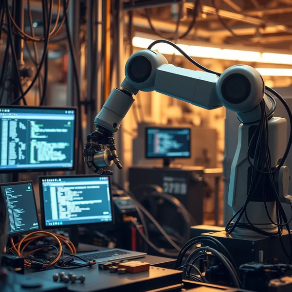 Redaktionelle Illustration: ein Industriebetrieb mit einem digitalen Simulationsschicht, der physische Prozesse vor der Implementierung voraussagt