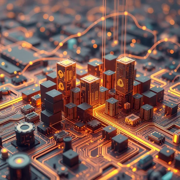 Editorial illustration: llama silhouette made of processor chips surrounded by local computers