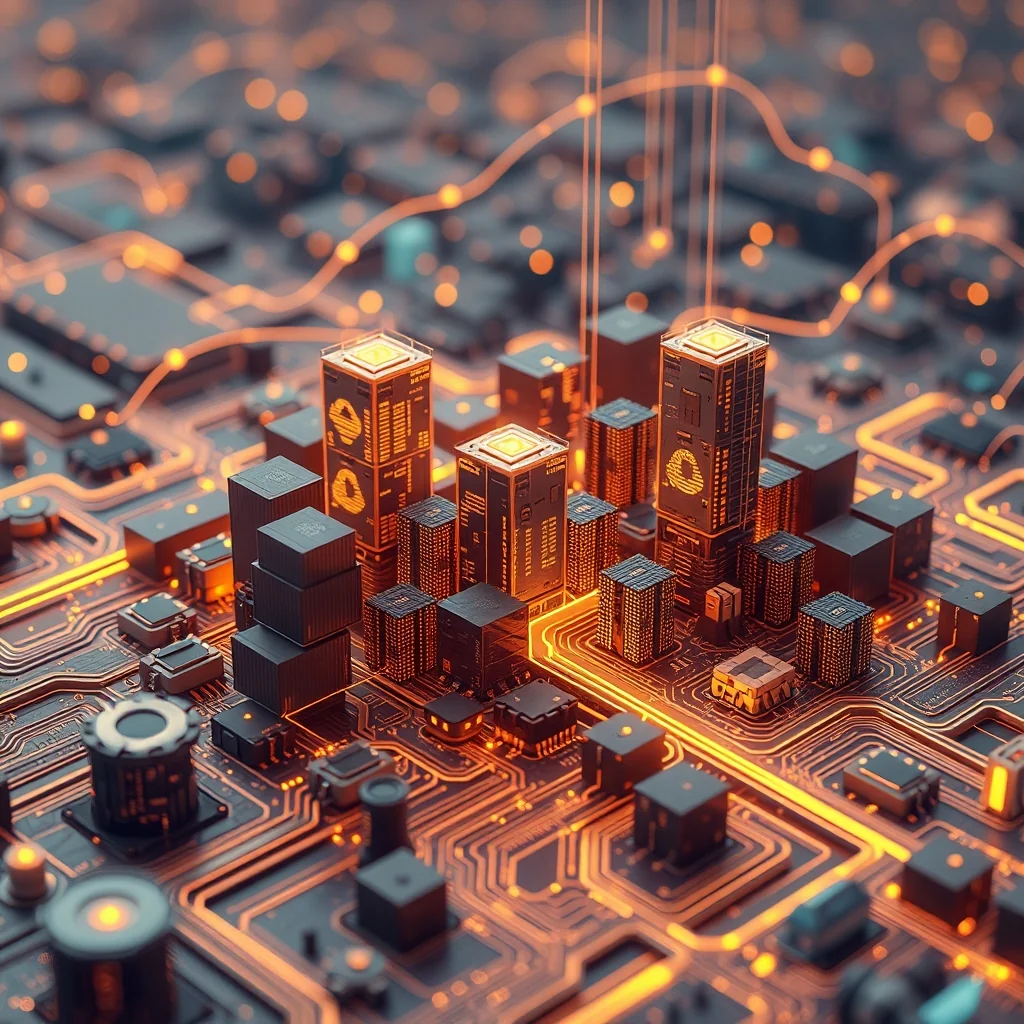 Editorial illustration: llama silhouette made of processor chips surrounded by local computers