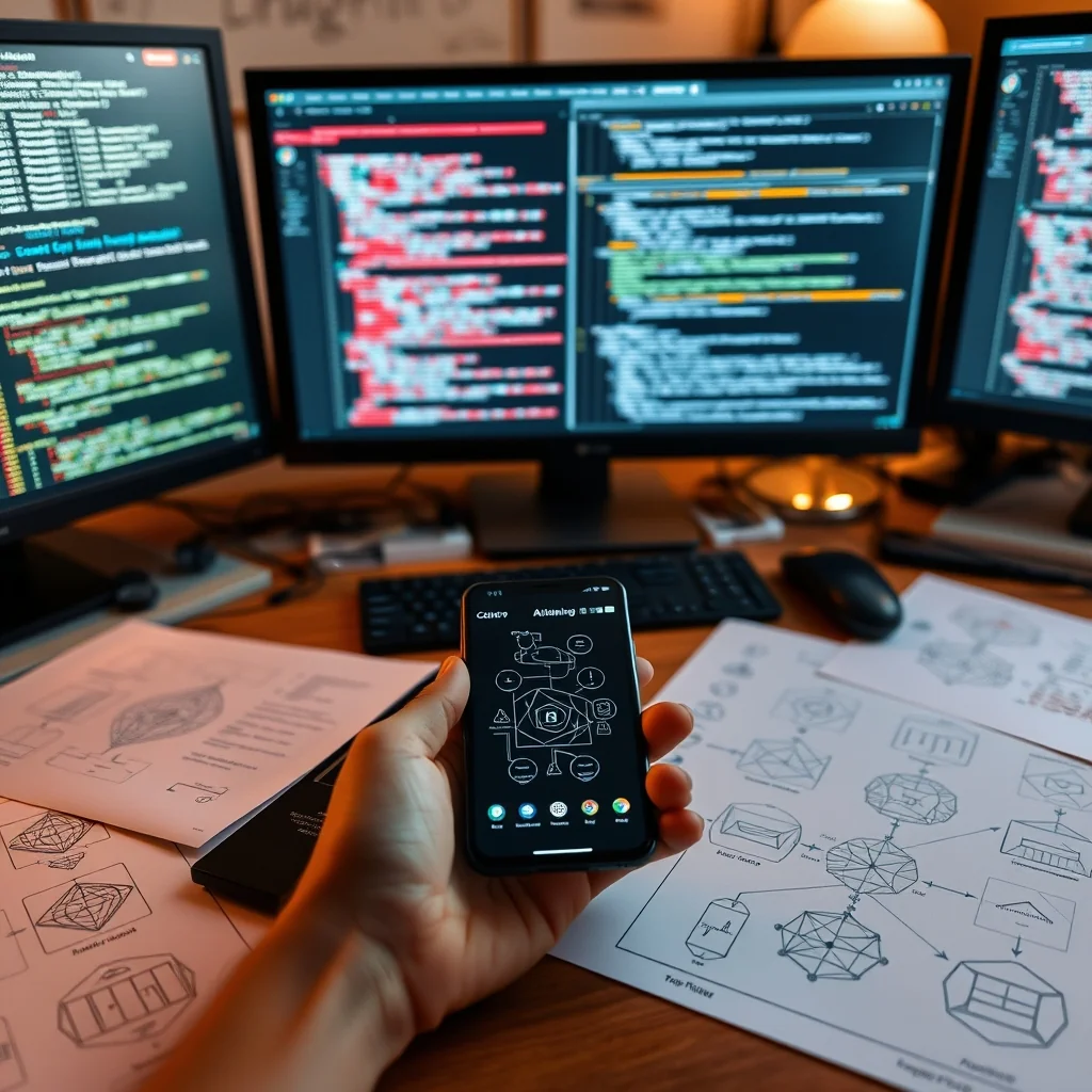 Editorial illustration: Mobile device with psychiatric AI application and local neural networks