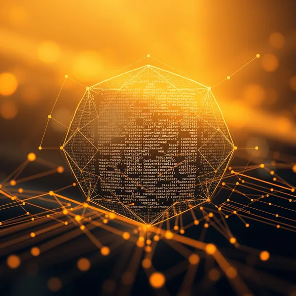 Abstrakte Illustration eines mehrschichtigen neuronalen Graphen mit hervorgehobenen neuen Operatoren und numerischen Bezeichnungen für 2-Bit-Tensoren als Symbol der Opset-26-Version.