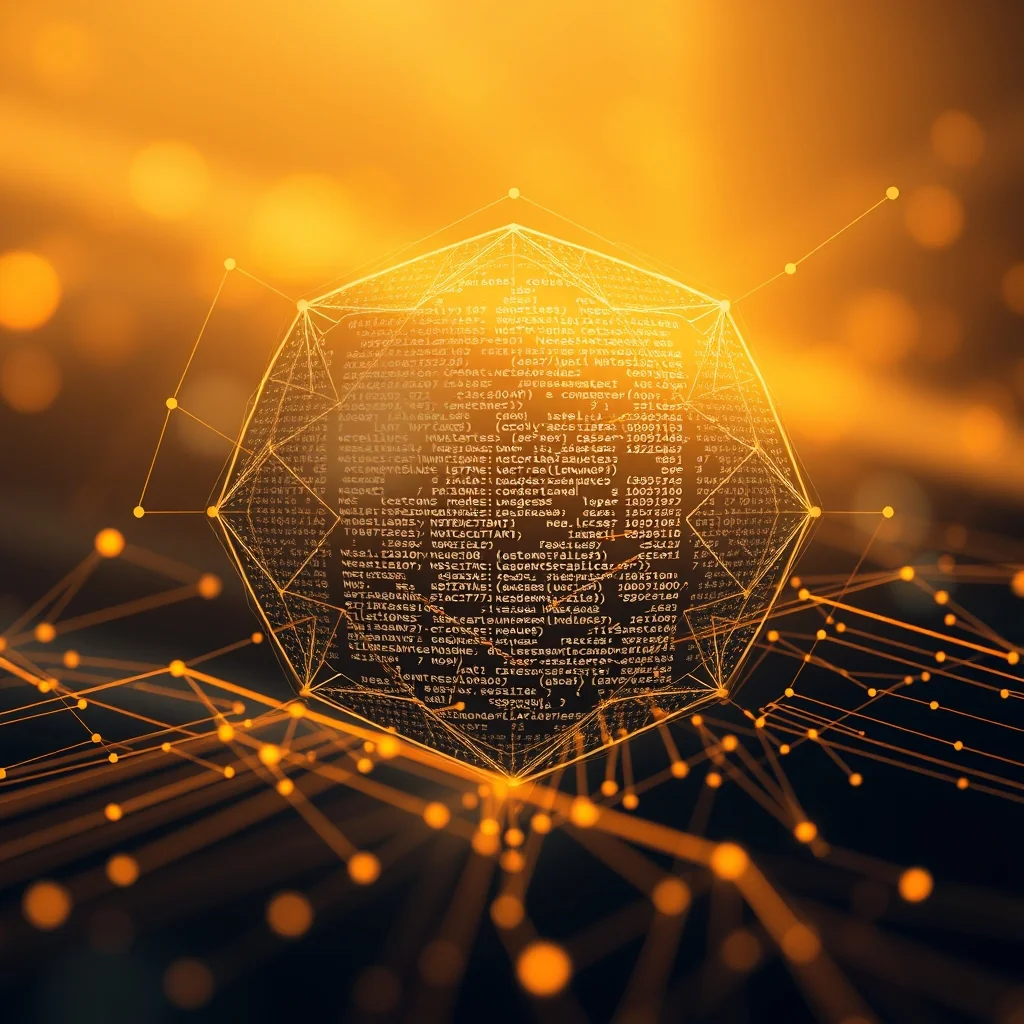Abstrakte Illustration eines mehrschichtigen neuronalen Graphen mit hervorgehobenen neuen Operatoren und numerischen Bezeichnungen für 2-Bit-Tensoren als Symbol der Opset-26-Version.