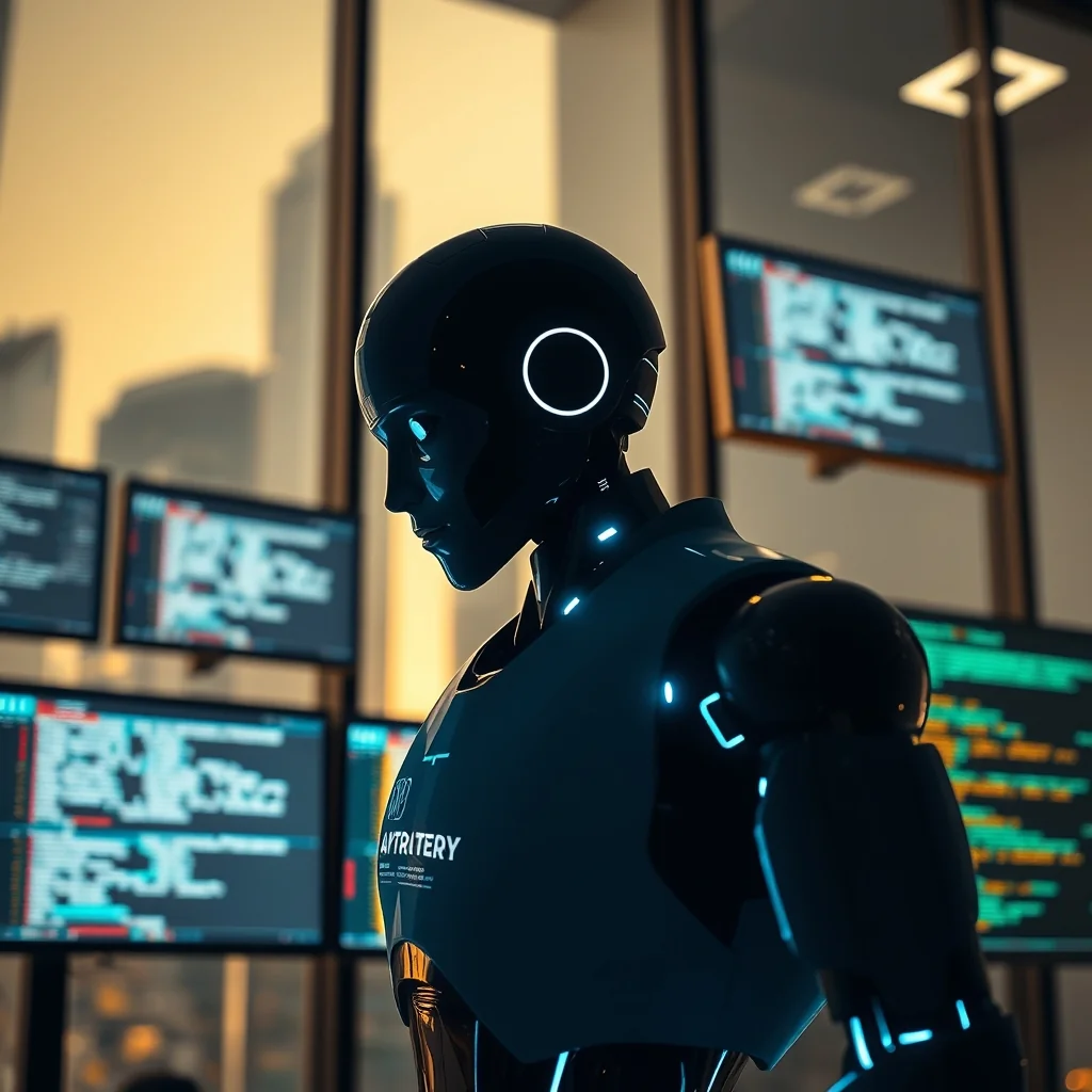 Editorial illustration: robotic arms and human hands collaborating on glowing digital workflows inside a modern office