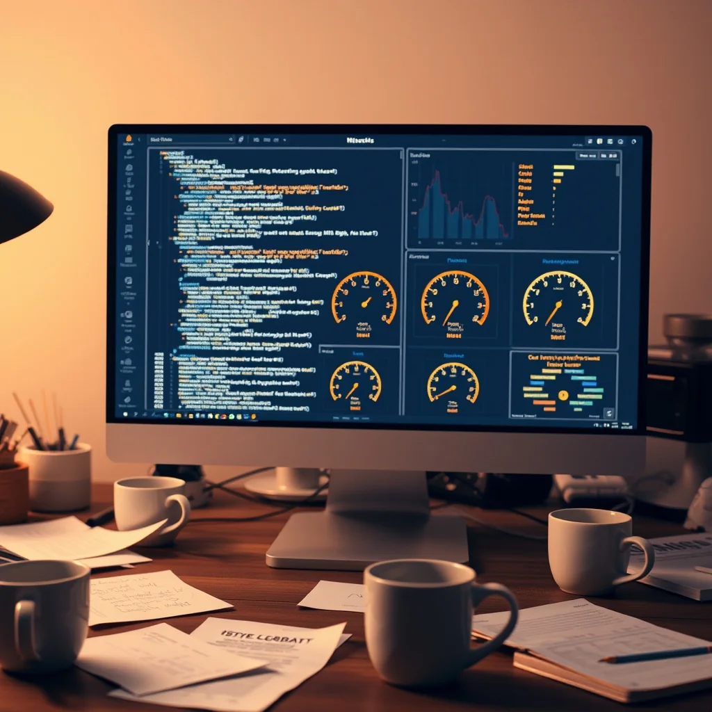 Abstract depiction of charts and gauges on a screen in an office setting
