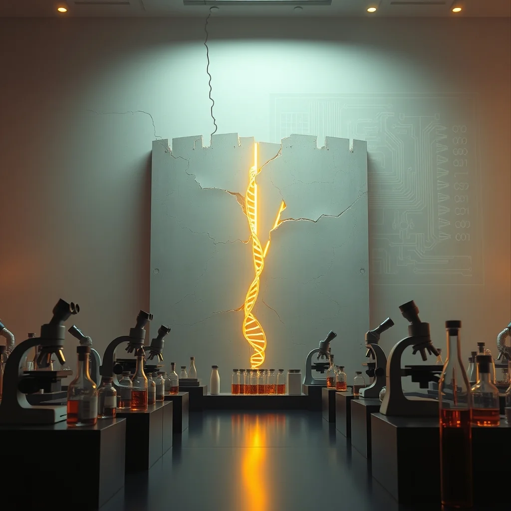 Redaktionelle Illustration: Schild mit DNA-Helix, umgeben von Lupen der Forscher