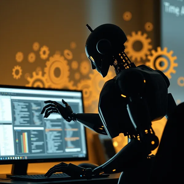 Editorial illustration: a work desk with multiple screens through which an automated task flow runs
