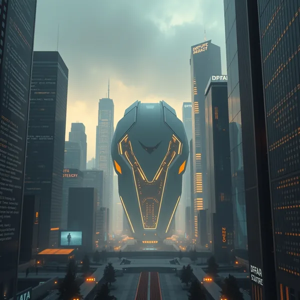 Editorial illustration: Futuristic cityscape with AI entity and corporate skyscrapers alongside code screens