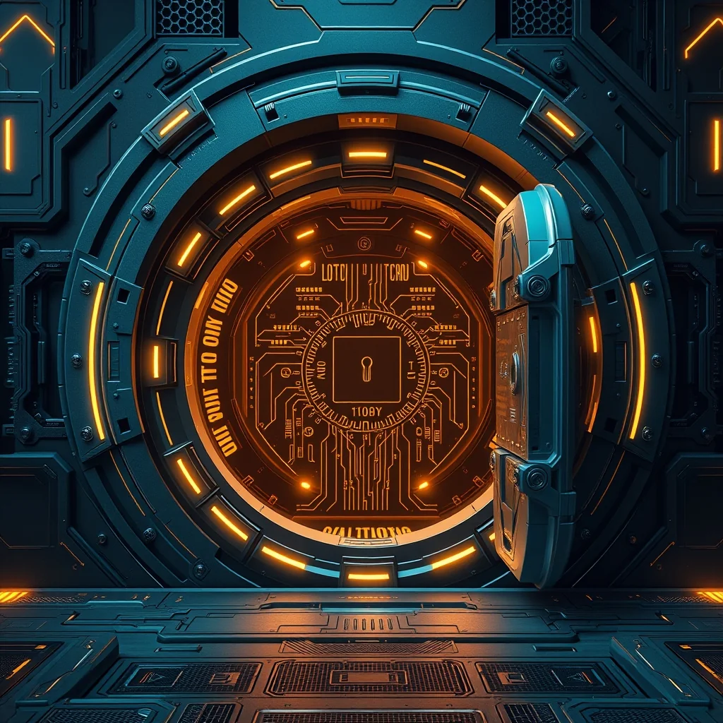 Editorial illustration: AI security shield with code patches and vulnerability scan overlay on dark background