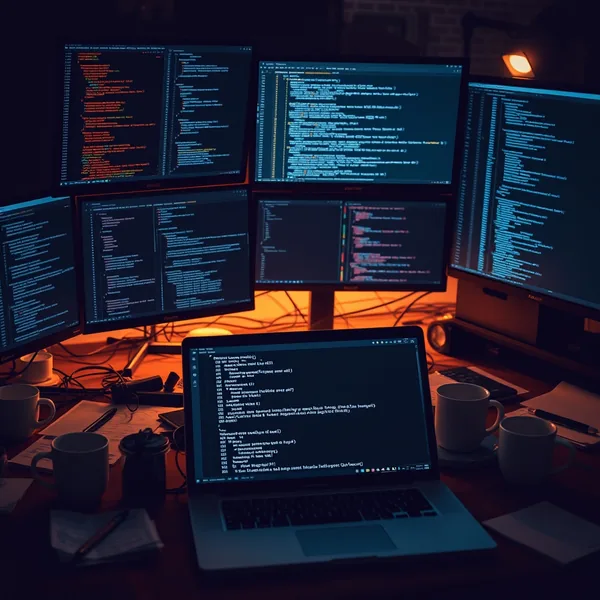 Editorial illustration: API-Endpunkte mit Modell-Icons und Sicherheitsschlüsseln in einem Entwickler-Panel.