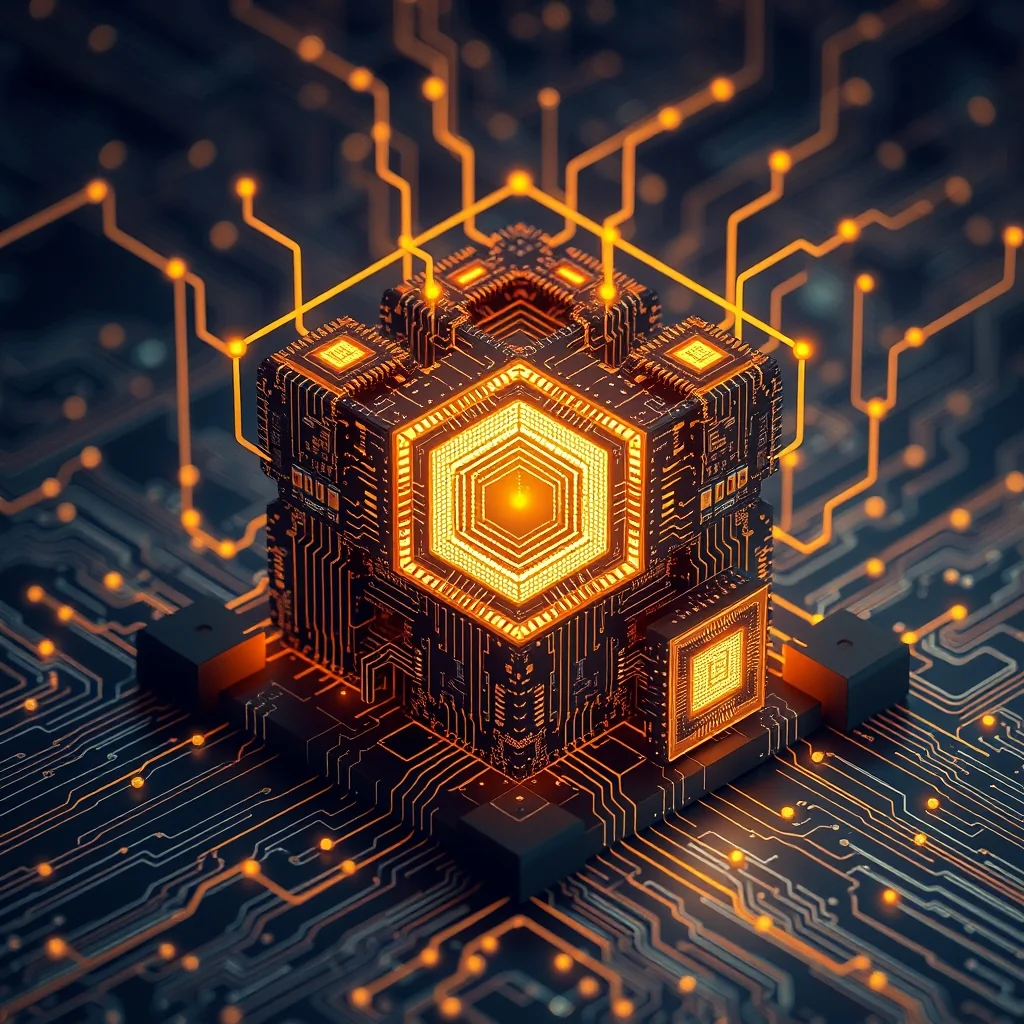 Editorial illustration: PyTorch logo s apstraktnim slojevima GPU silicija i grafom ubrzanja inferencije na plavoj pozadini