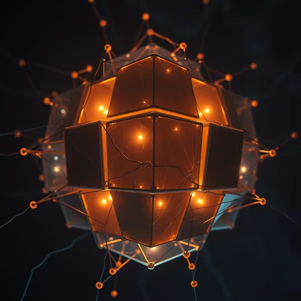 Editorial illustration: modular cubic physical units from Sakana AI interconnected, each with a local neural network