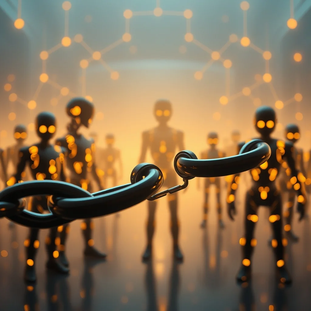 Editorial illustration: a chain of AI agents where the weakest link is strengthened with additional compute resources